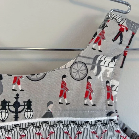 Handmade one of a kind girl's smocked dress, London Print - Picture 4 of 12